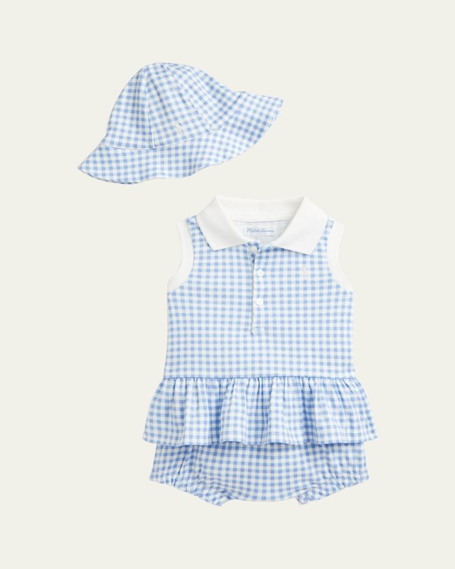 Girl's 3-Piece Gingham Polo Shirt and Shorts Set, Size 3M-24